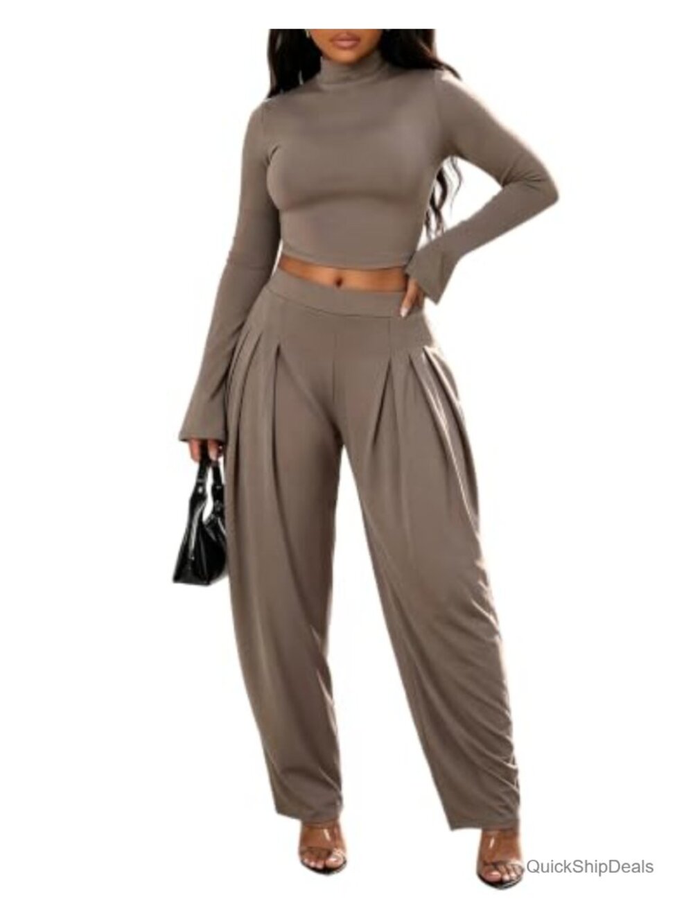2 Piece Outfit Mock Neck Bell Sleeve Crop Top Wide Leg Palazzo Pants Set